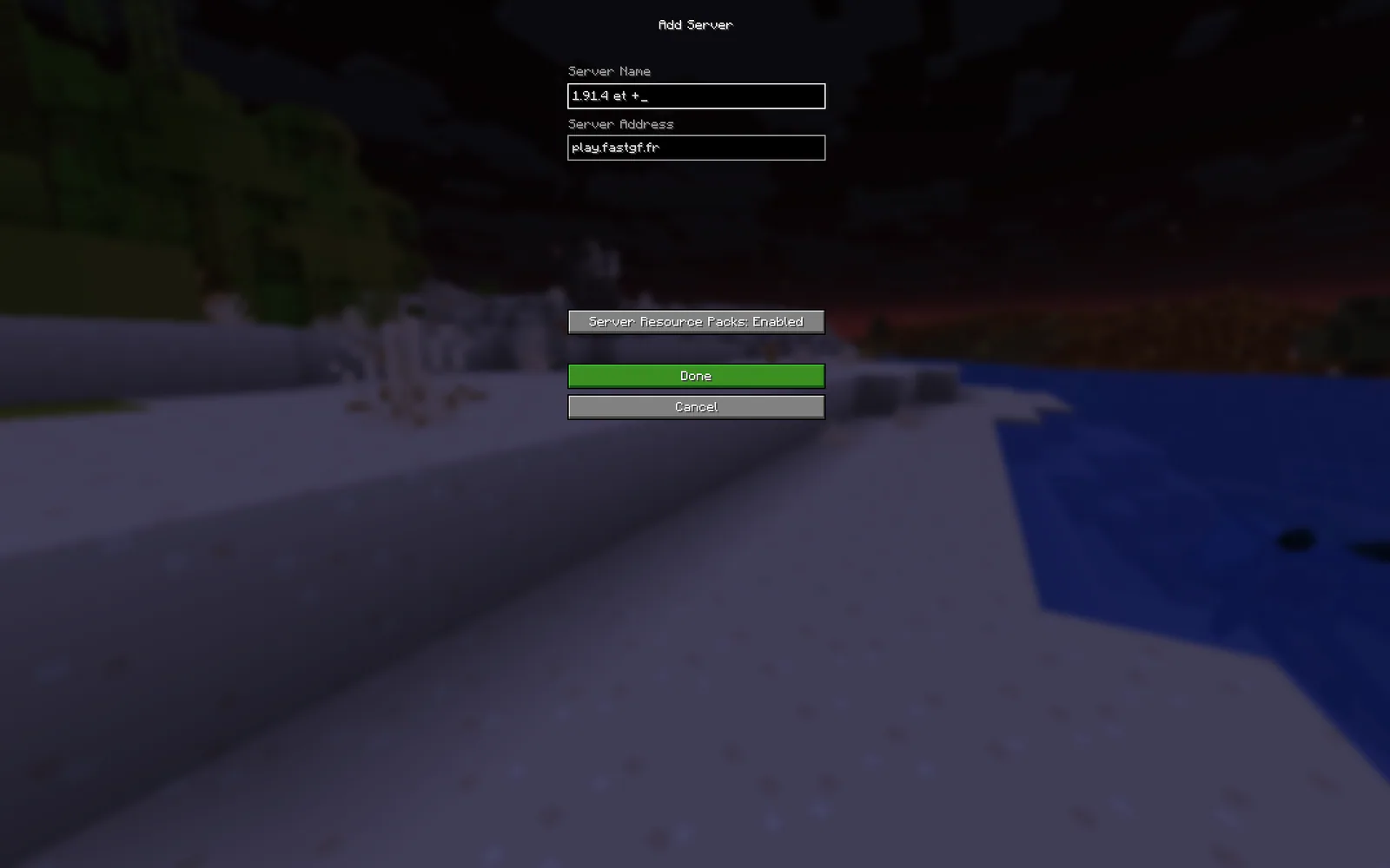 L'écran d'ajout de serveur Minecraft (1/2)