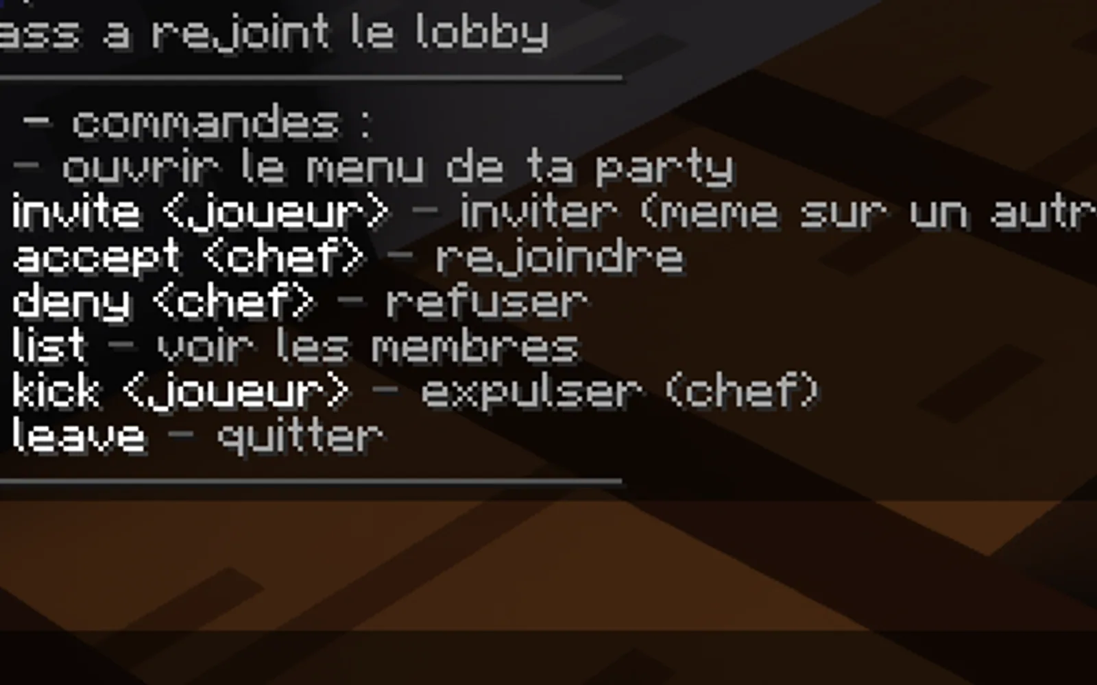 Le menu de party dans le lobby